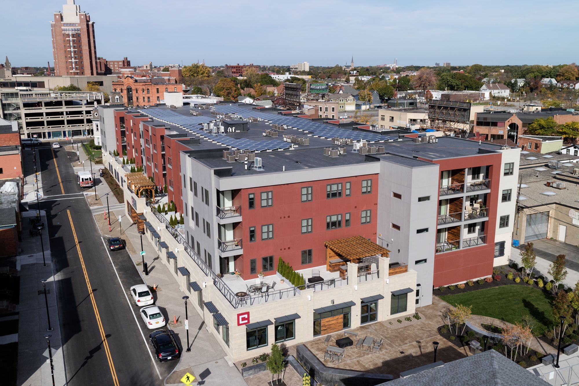Aerial view of Charlotte Square showing the rooftop solar array
